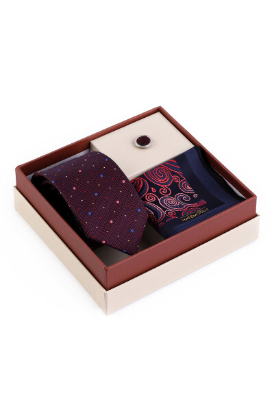 Bordo Üçlü Yaka Rozeti Kravat Mendil Set - 4