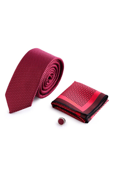 Bordo Üçlü Yaka Rozeti Kravat Mendil Set 
