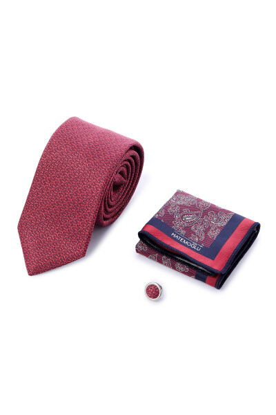 Bordo Üçlü Yaka Rozeti Kravat Mendil Set 