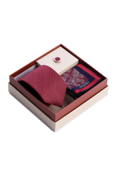 Bordo Üçlü Yaka Rozeti Kravat Mendil Set - 2