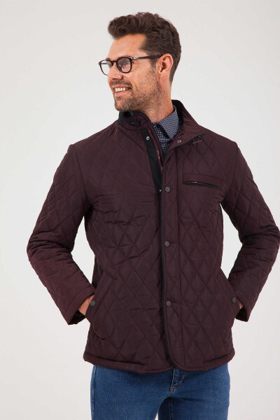 Bordo Dik Yaka Kapitone Mont - 6