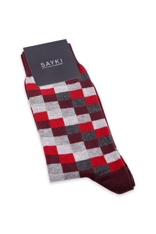 Hatem Saykı - Bordo Kareli Pamuklu Soket Çorap