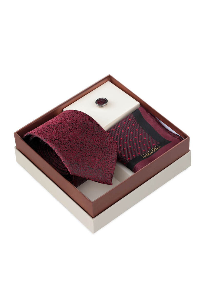 Bordo Kravat Mendil ve Yaka Rozeti 3'lü Set - Hatemoğlu (1)