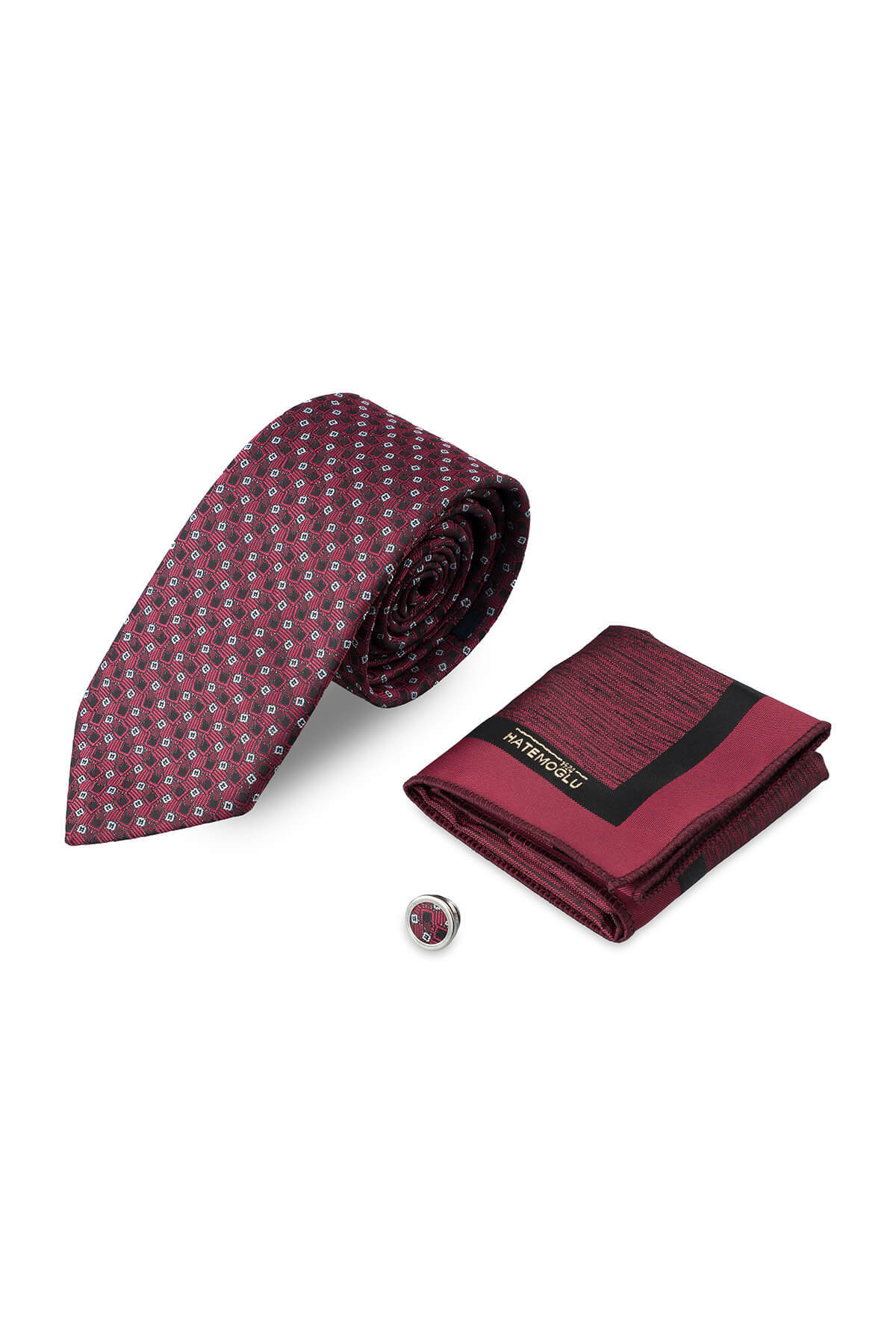 Bordo Kravat Mendil ve Yaka Rozeti 3'lü Set - 1