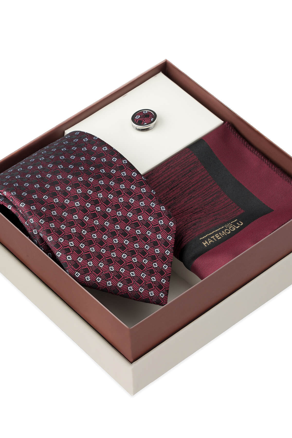 Bordo Kravat Mendil ve Yaka Rozeti 3'lü Set - 2