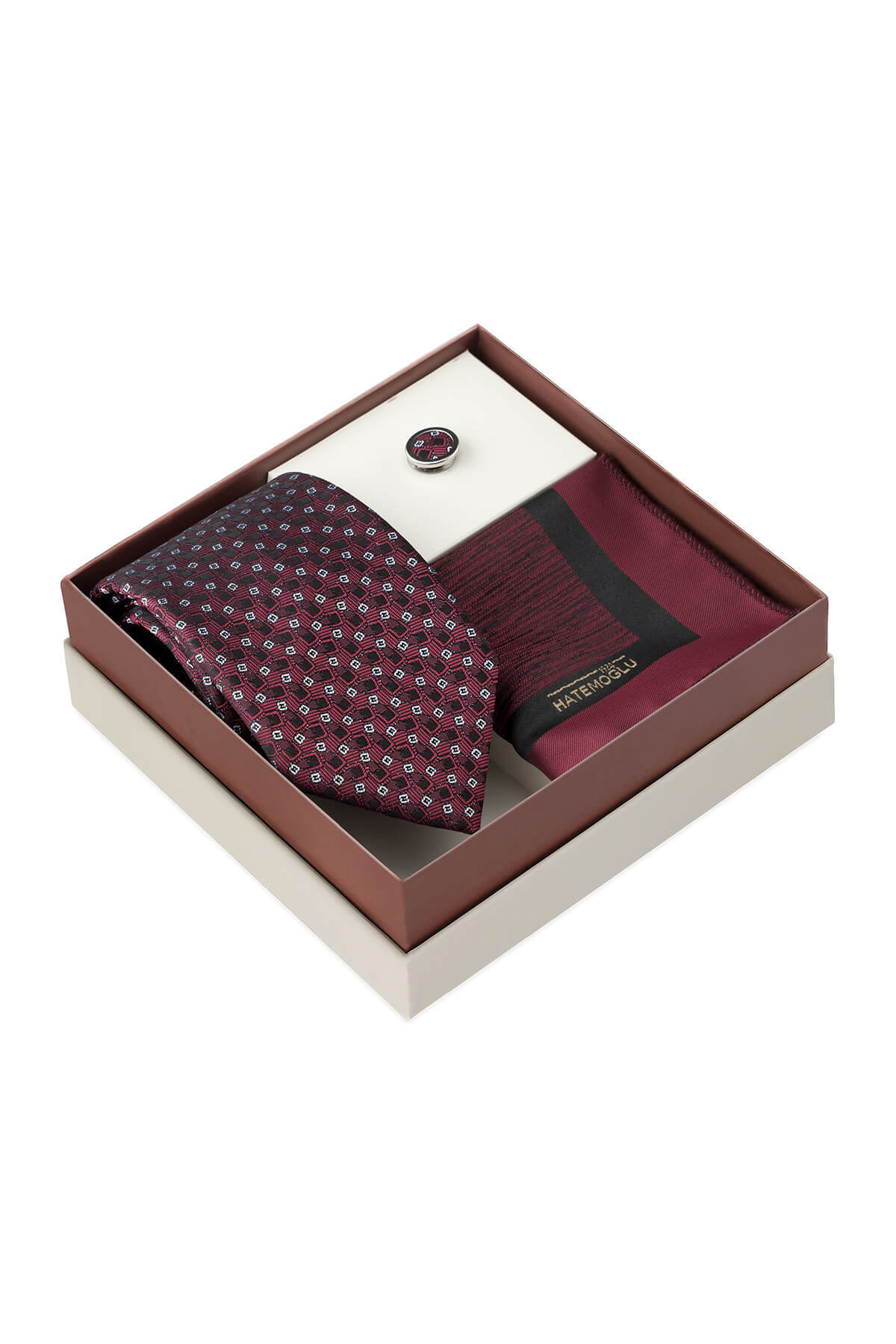 Bordo Kravat Mendil ve Yaka Rozeti 3'lü Set - 3