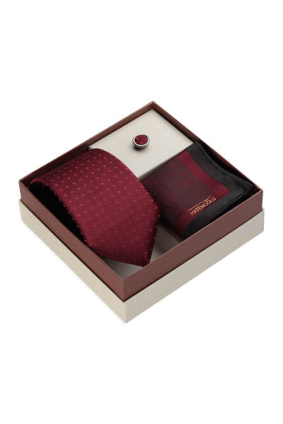 Bordo Kravat Mendil ve Yaka Rozeti 3'lü Set - 2