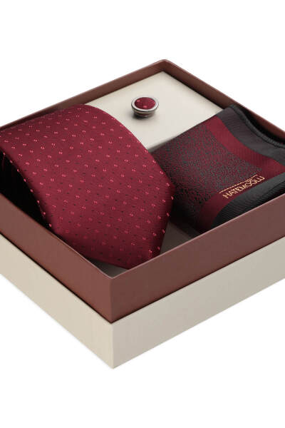 Bordo Kravat Mendil ve Yaka Rozeti 3'lü Set - 3