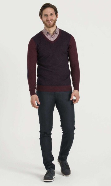 Bordo - Lacivert V Yaka Triko - 2