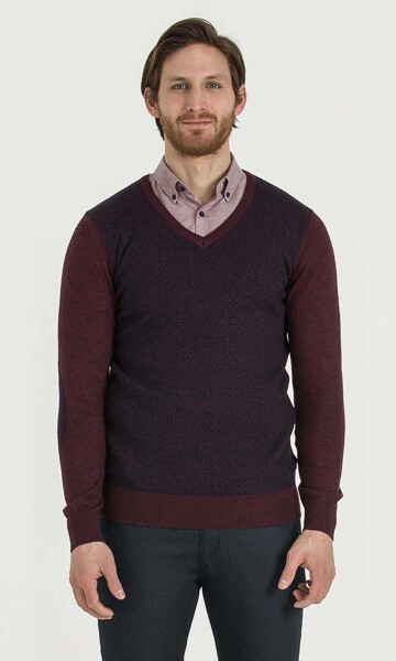 Bordo - Lacivert V Yaka Triko - 3