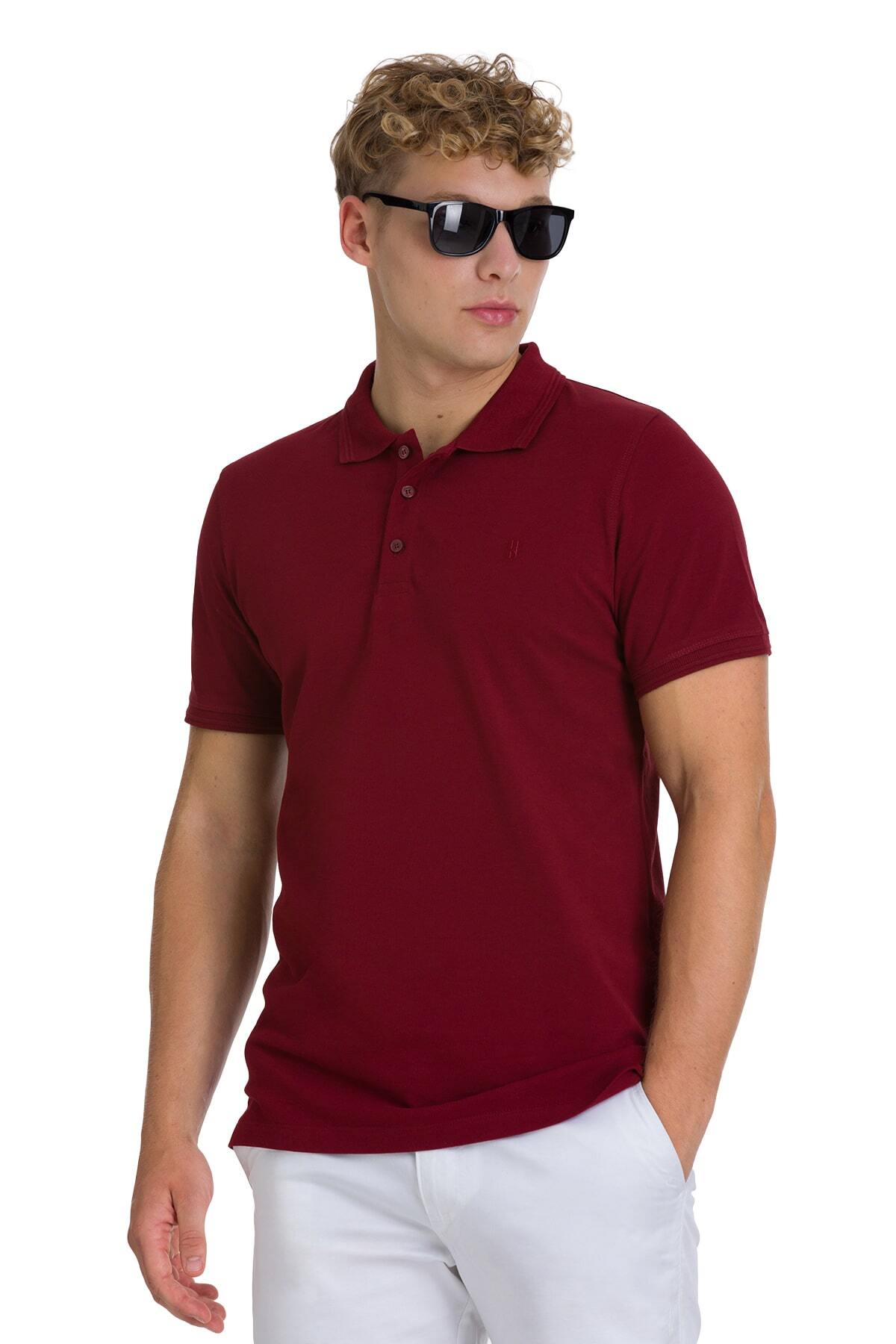 Bordo Regular Fit 100% Pamuk Kıvrılmaz Polo Yaka Tişört - 1