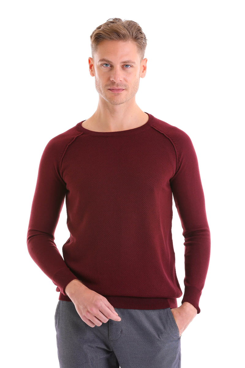 Bordo Regular Fit Desenli Bisiklet Yaka Yünlü Triko Kazak - Hatemoğlu