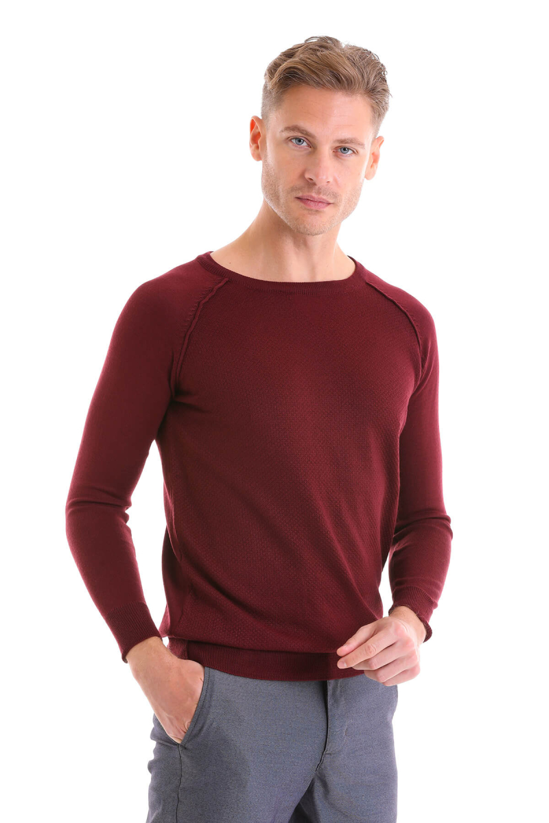 Bordo Regular Fit Desenli Bisiklet Yaka Yünlü Triko Kazak - Hatemoğlu (1)