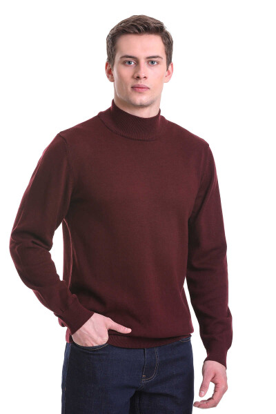 Bordo Regular Fit Desenli Pamuklu Yarım Balıkçı Yaka Triko Kazak 