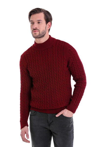 Bordo Comfort Fit Desenli Pamuklu Yarım Balıkçı Yaka Triko Kazak - Thumbnail