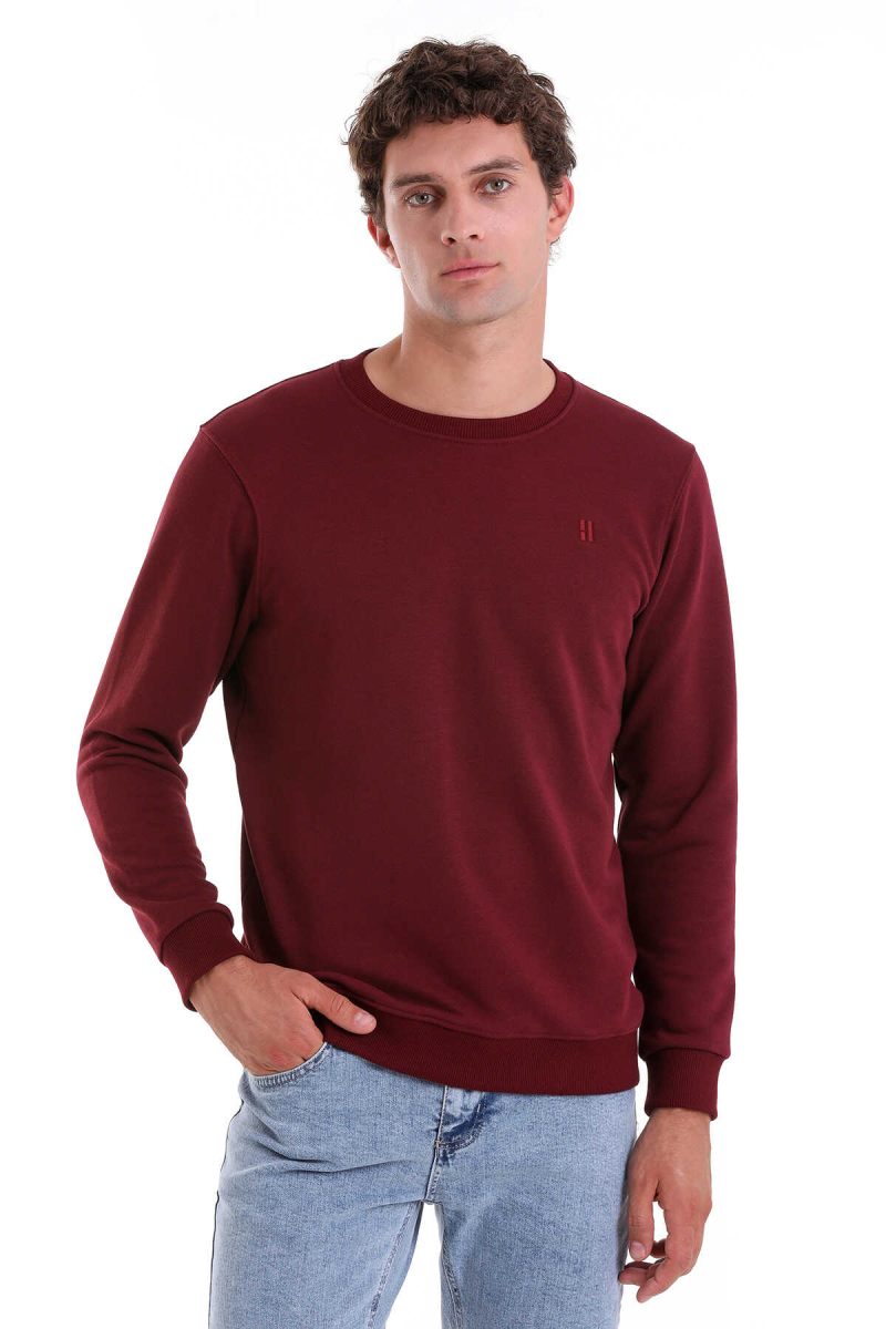 Bordo Regular Fit Düz Pamuklu Bisiklet Yaka Sweatshirt - HATEMOĞLU