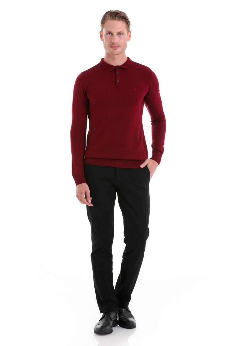 Bordo Regular Fit Düz Polo Yaka Triko Kazak - Hatemoğlu (1)