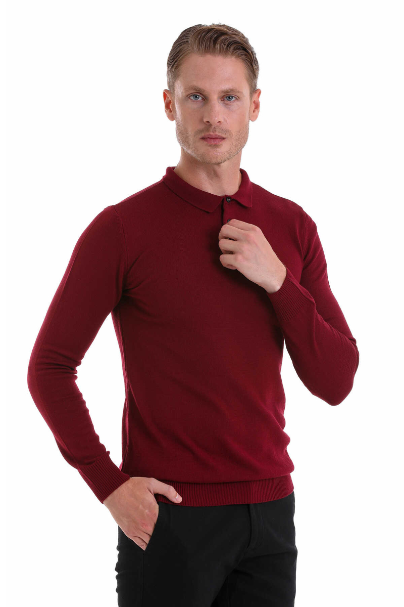 Bordo Regular Fit Düz Polo Yaka Triko Kazak - Hatemoğlu (1)