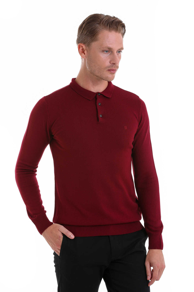 Bordo Regular Fit Düz Polo Yaka Triko Kazak - Hatemoğlu (1)