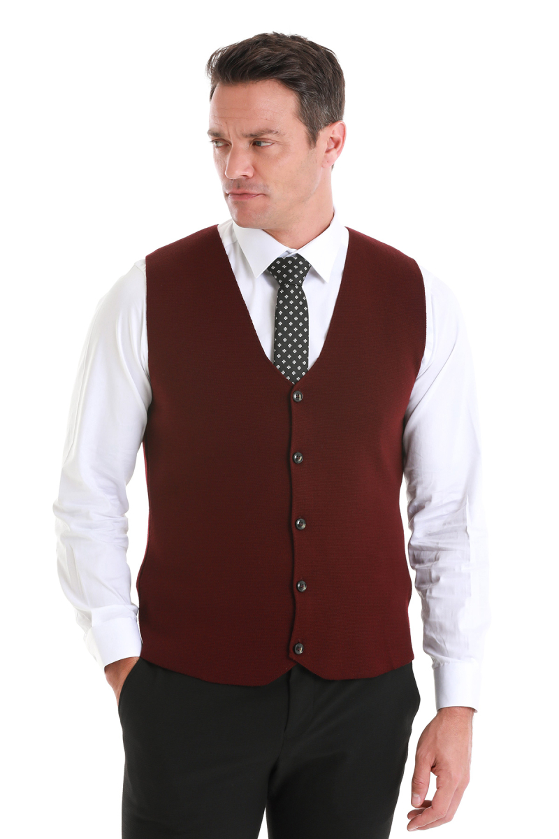 Bordo Regular Fit V Yaka Triko Yelek - Hatemoğlu (1)