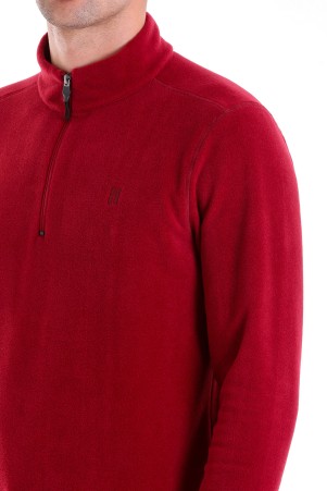 Bordo Regular Fit Düz Yarım Fermuarlı Bato Yaka Polar Sweatshirt - Thumbnail