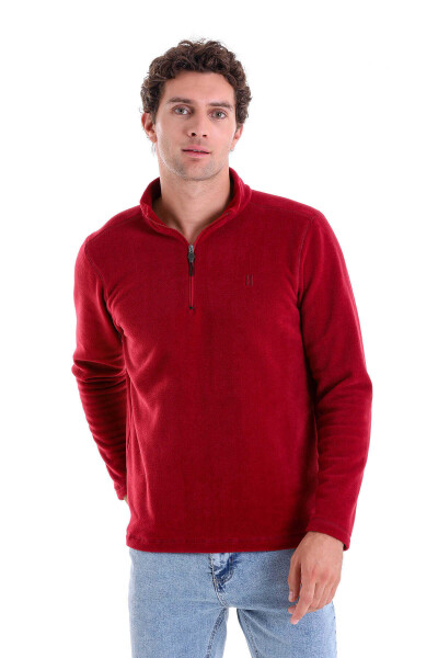 Bordo Regular Fit Tüylenme Yapmayan Soğuk Geçirmez Yarım Fermuarlı Polar Sweatshirt 