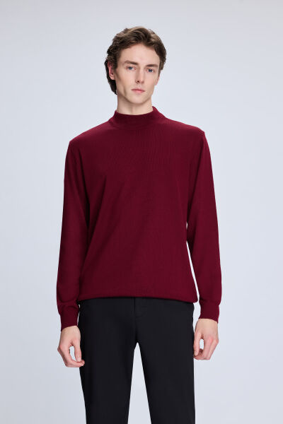 Bordo Regular Fit Yarım Balıkçı Yaka Yünlü Triko Kazak 