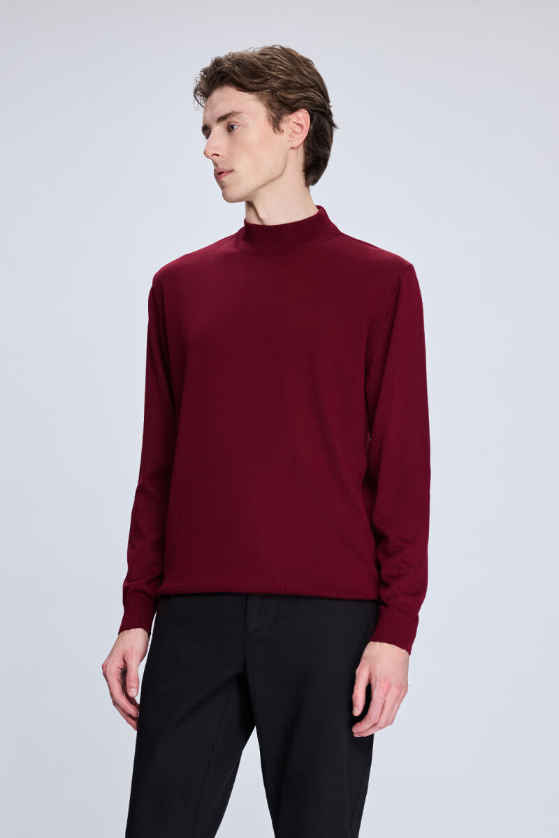 Bordo Regular Fit Yarım Balıkçı Yaka Yünlü Triko Kazak - Hatemoğlu (1)