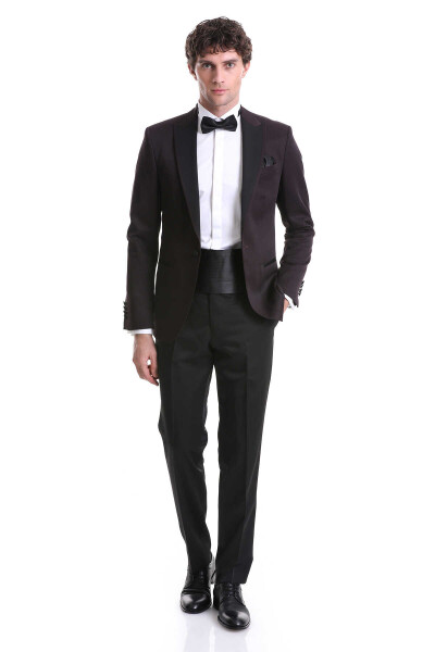Bordo Slim Fit Desenli Sivri Yaka Klasik Damatlık Smokin 