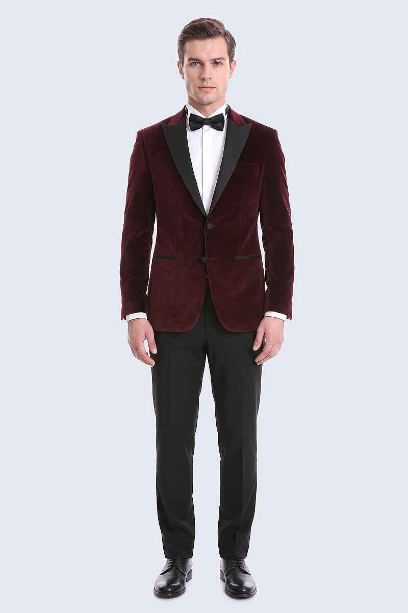 Bordo Slim Fit Sivri Yaka Kadife Klasik Smokin Damatlık