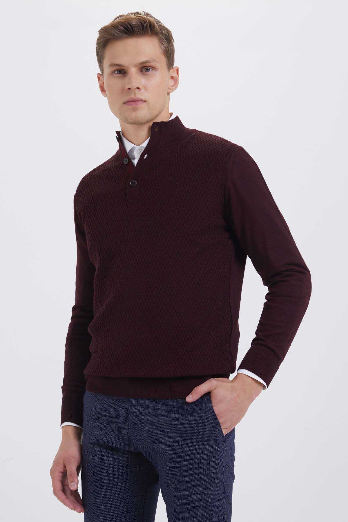 Bordo Balıkçı Yaka Triko Kazak - 1