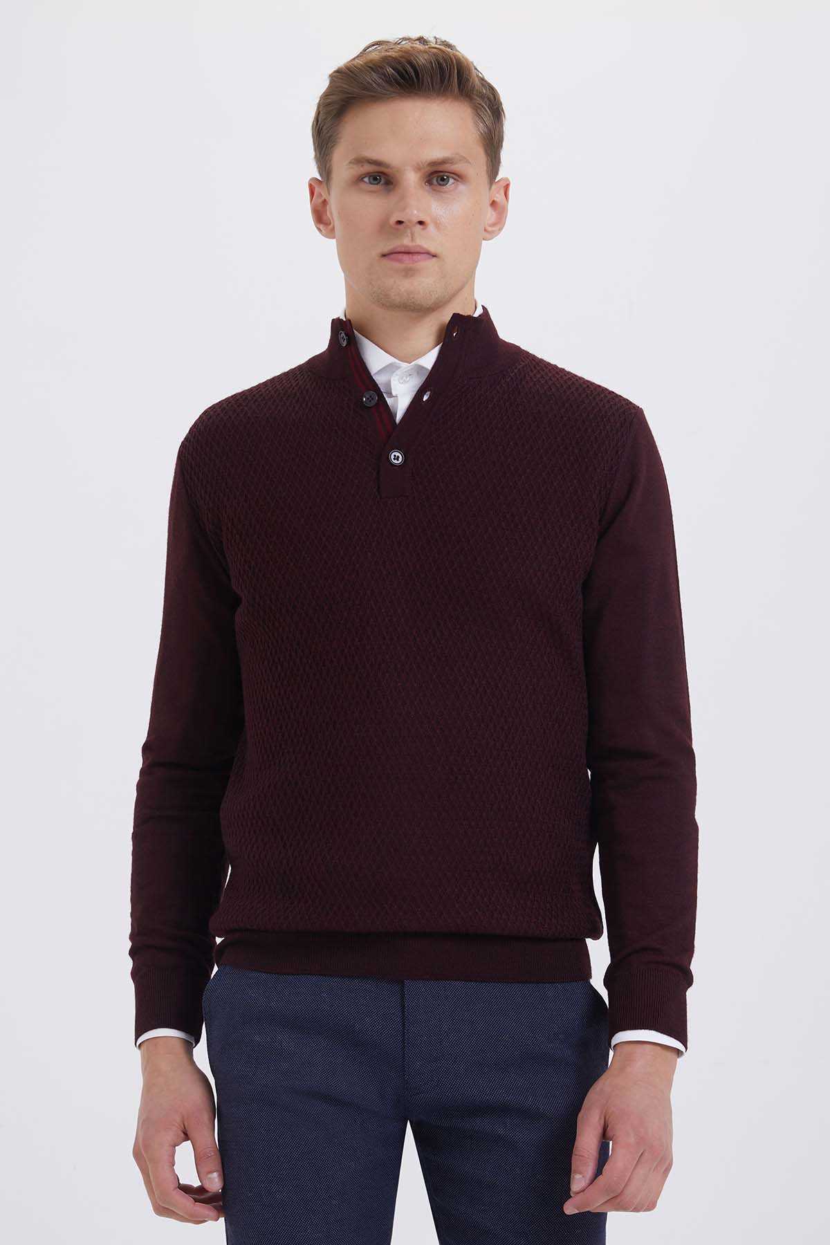 Bordo Balıkçı Yaka Triko Kazak - 3