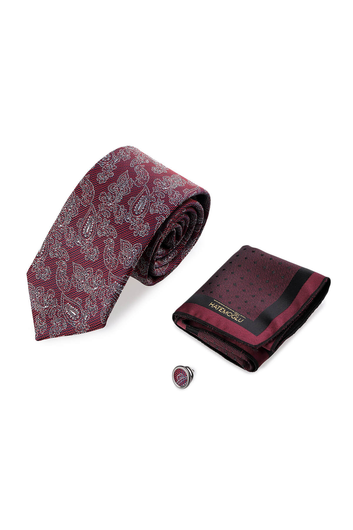 Bordo Kravat Mendil ve Yaka Rozeti 3'lü Set - 3