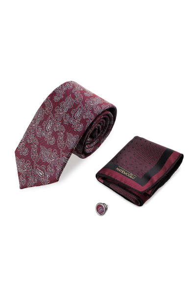 Bordo Kravat Mendil ve Yaka Rozeti 3'lü Set - 3