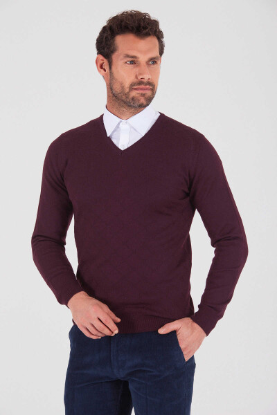 Bordo V Yaka Triko Kazak - 1