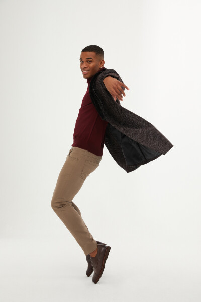 Bordo Yaka Kürk Detaylı Yünlü Palto - 3