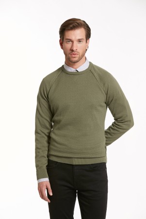 Yeşil Slim Fit Desenli Pamuklu Bisiklet Yaka Triko Kazak 
