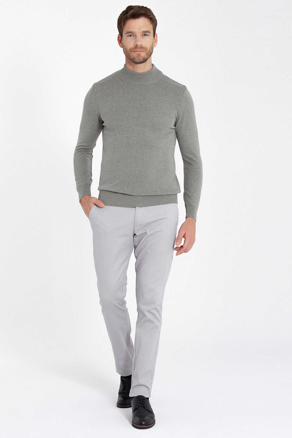 Gri Regular Fit Yarım Balıkçı Yaka Pamuklu Triko Kazak - 3