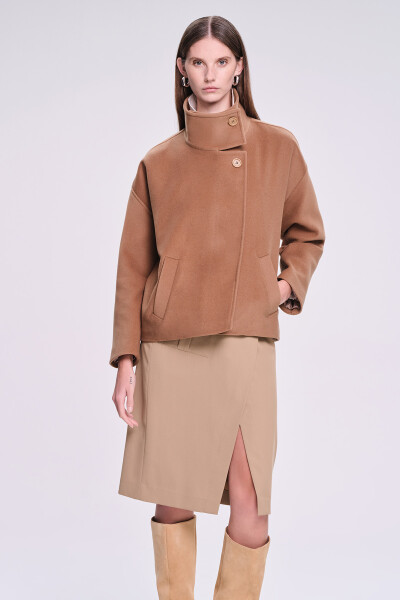 Saykı Woman Camel Regular Fit Dik Yaka Yünlü Manto - 4