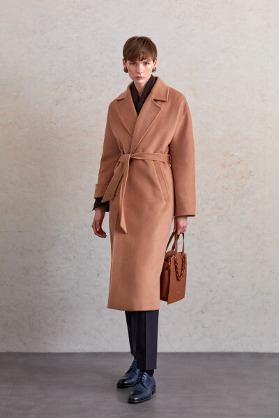 Saykı Woman Camel Regular Fit Kemerli Yün Manto - 3