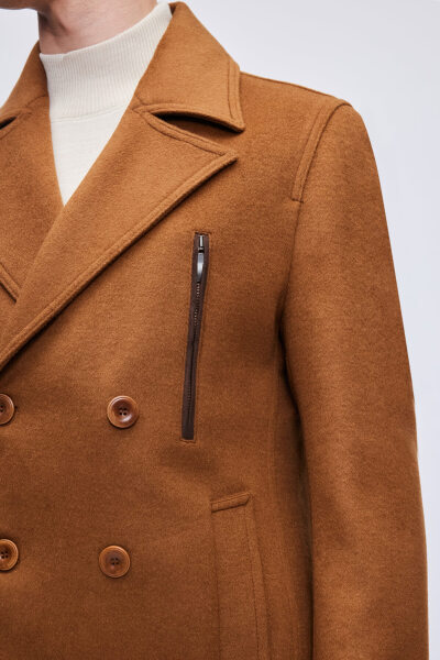 Camel Slim Fit Kruvaze Yünlü Kaşe Kaban - 6