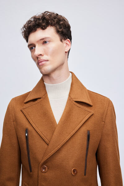 Camel Slim Fit Kruvaze Yünlü Kaşe Kaban - 7