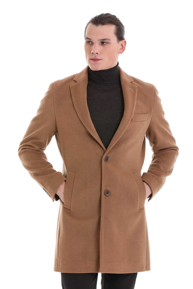 Camel Slim Fit Mono Yaka Yünlü Kaşe Palto - Hatem Saykı