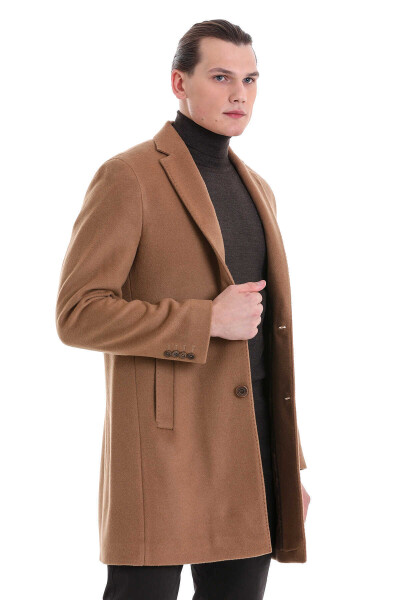 Camel Slim Fit Mono Yaka Yünlü Kaşe Palto - 3