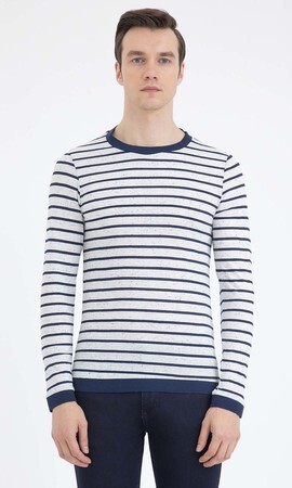 Lacivert Çizgili Bisiklet Yaka Sweatshirt - 10