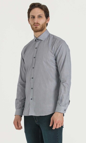 Çizgili Slim Fit Lacivert Gömlek - 3