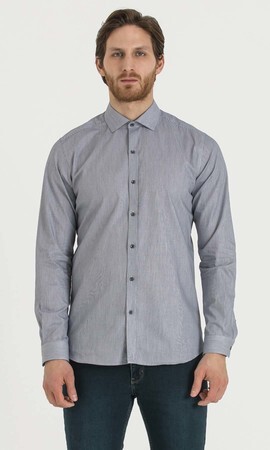 Çizgili Slim Fit Lacivert Gömlek - 6