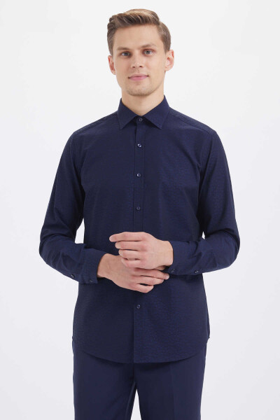 Çizgili Slim Fit Lacivert Gömlek - 1