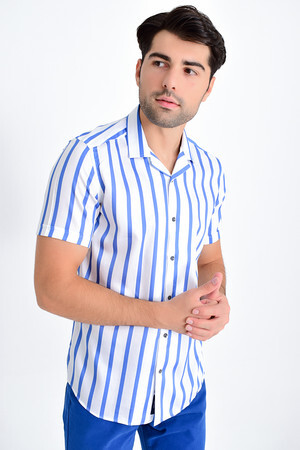 Lacivert Çizgili Slim Fit Gömlek - 5