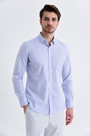 Çizgili Slim Fit Mavi Gömlek - 5